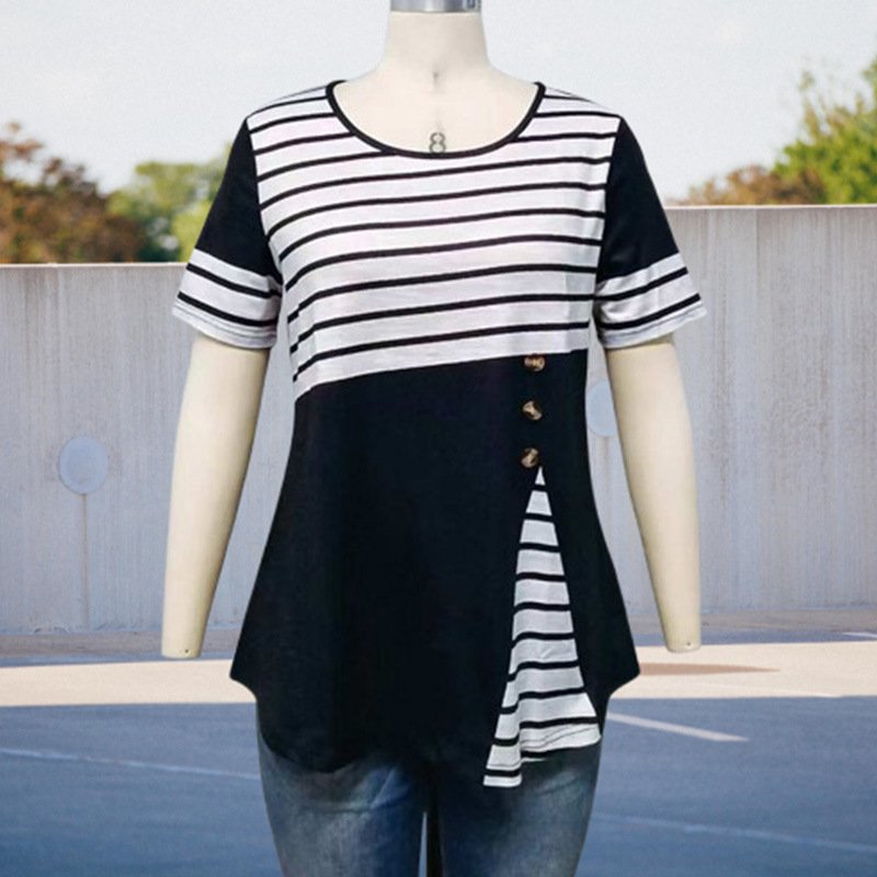 Women's Striped Color-block Short-sleeve Top, Loose Fit Cotton Blend