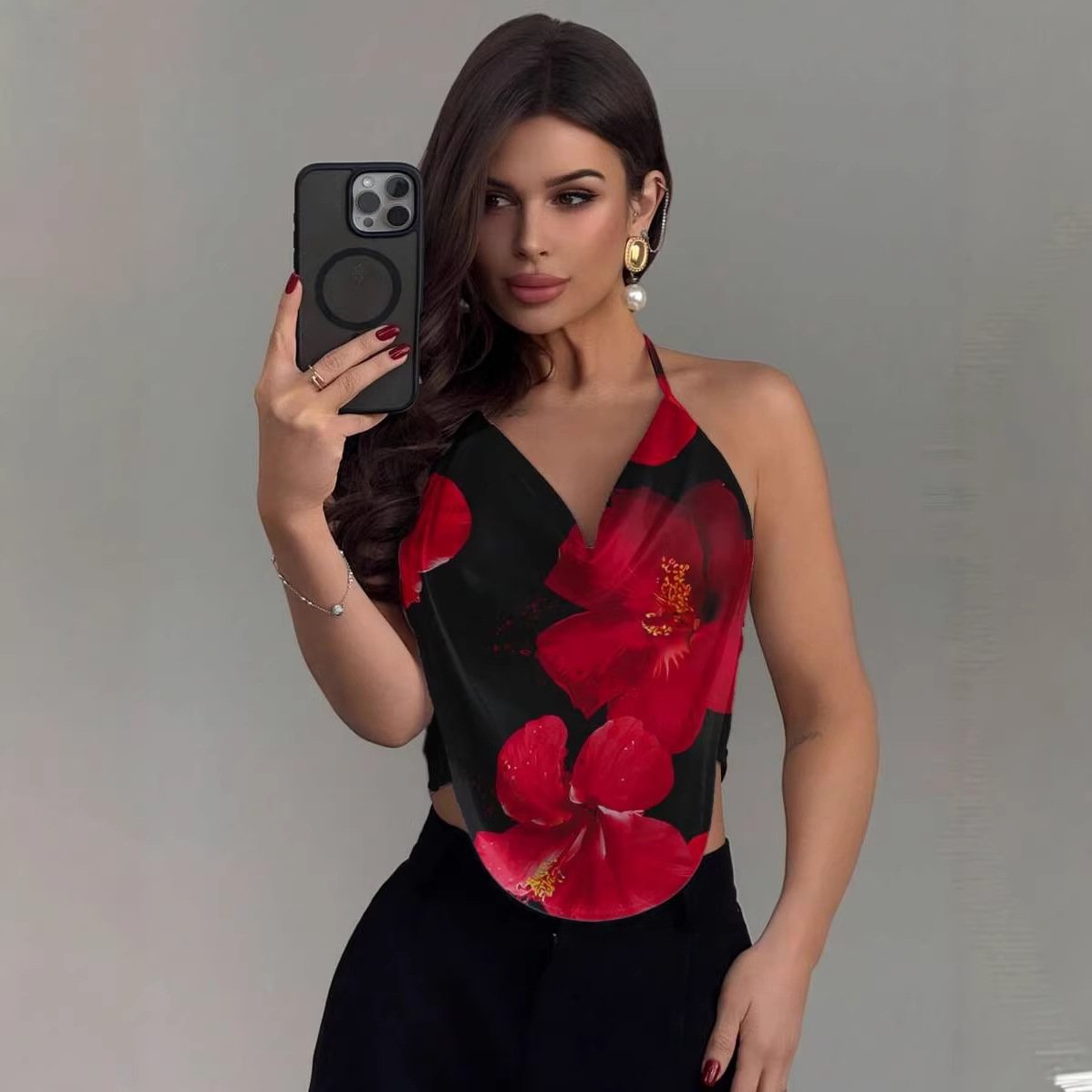 Vintage Flower Halter Neck Camisole Top for Women