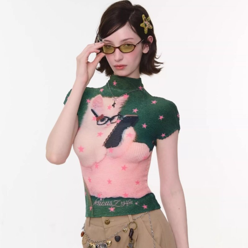Women's Cartoon Anime Print Green Short Sleeve Top