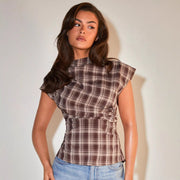 Women's Plaid Short-Sleeve Shirt - Slim Fit, Elegant Style