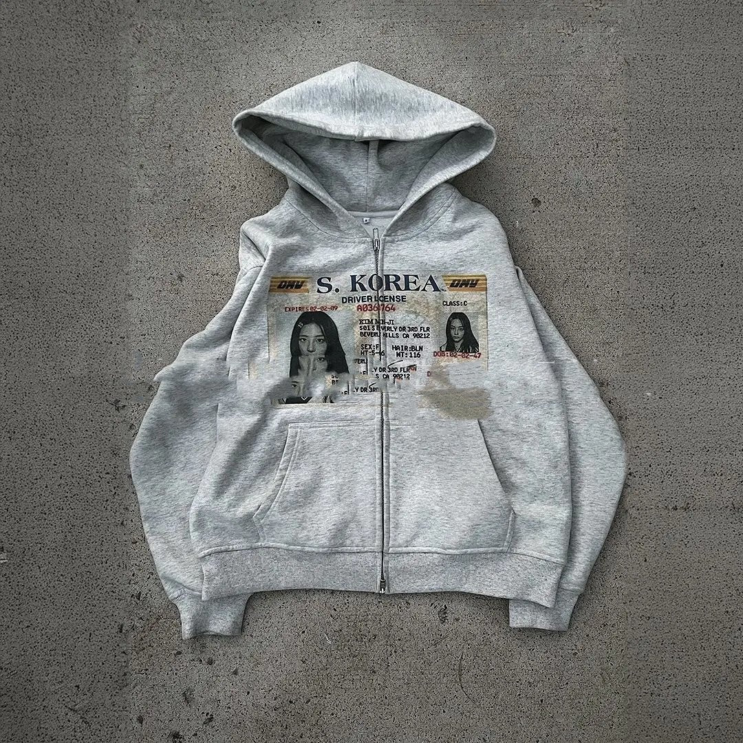 Retro ID Card Print Hoodie for Women