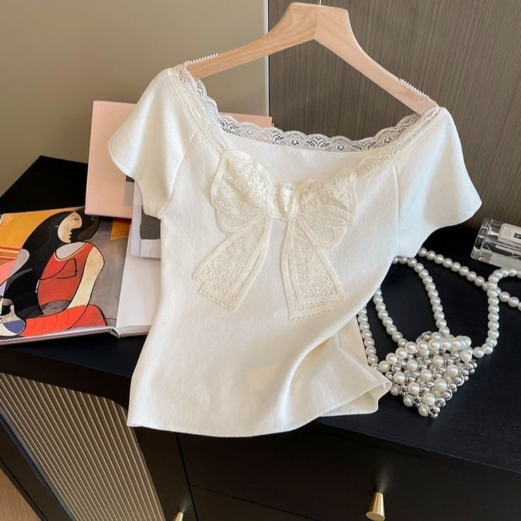 Lace Butterfly Neckline Short Sleeve Top for Women