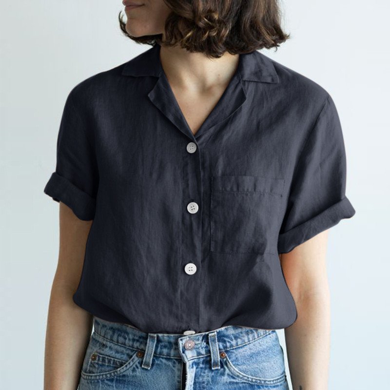 Classic Short Sleeve Shirt for Women - Cotton-Linen Blend