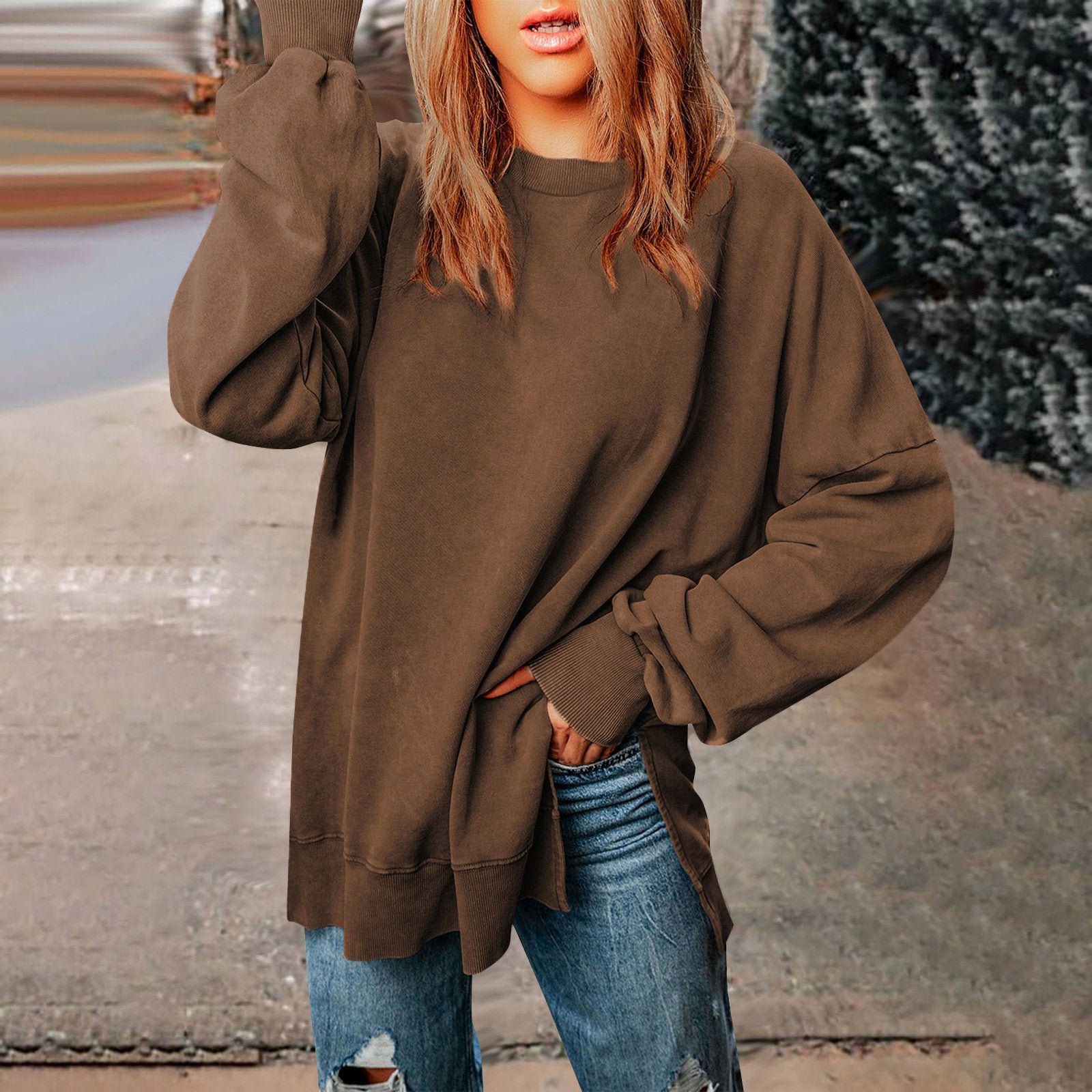 Casual Solid Color Crewneck Sweatshirt for Women