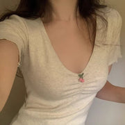 Sexy V-Neck Summer Tee for Women - Cherry Embroidery