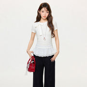 Spring Base Layer Top for Women - Beige Lace Trim