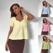 Casual V-Neck Puff Sleeve Tops for Women
