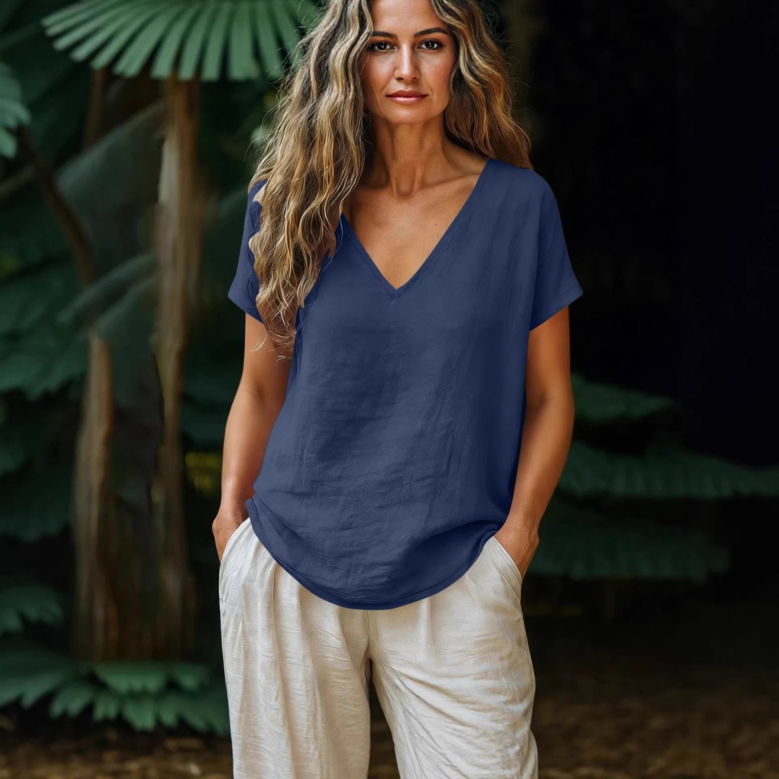 Cotton-Linen Short Sleeve V-Neck Pullover Top for Women