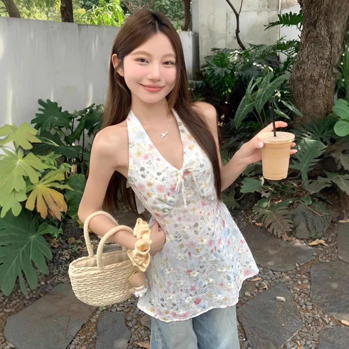 Floral Embroidery V-Neck Backless Top for Women