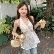Floral Embroidery V-Neck Backless Top for Women
