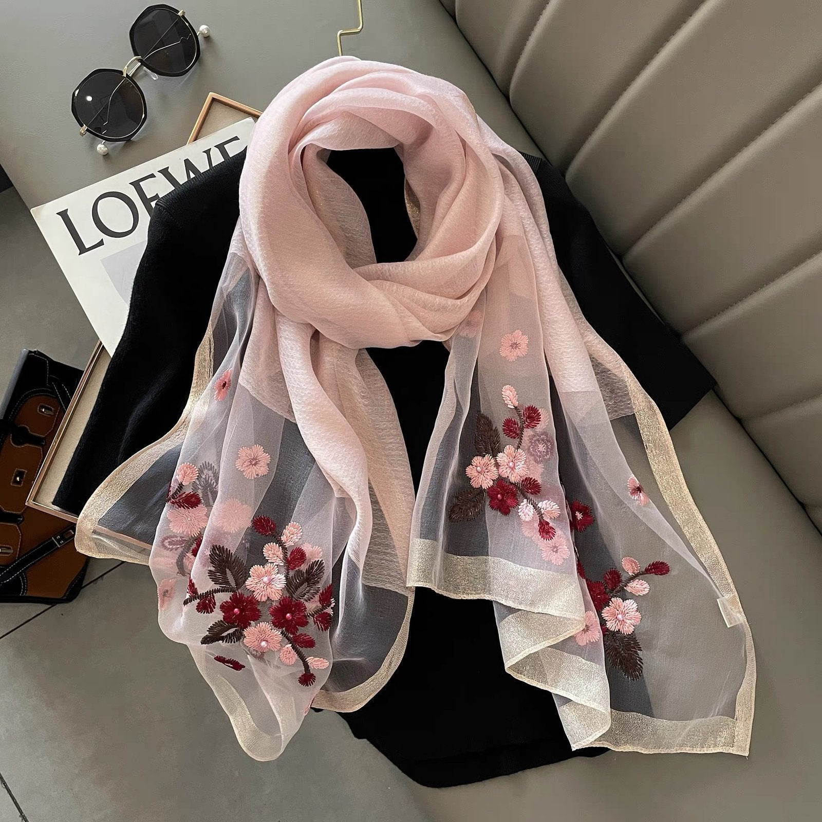 Luxurious Purple Floral Embroidered Silk Wool Scarf