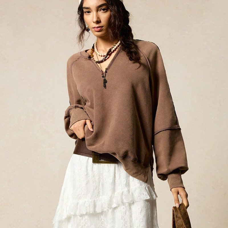 Cozy Brown V-Neck Pullover Sweater for Women