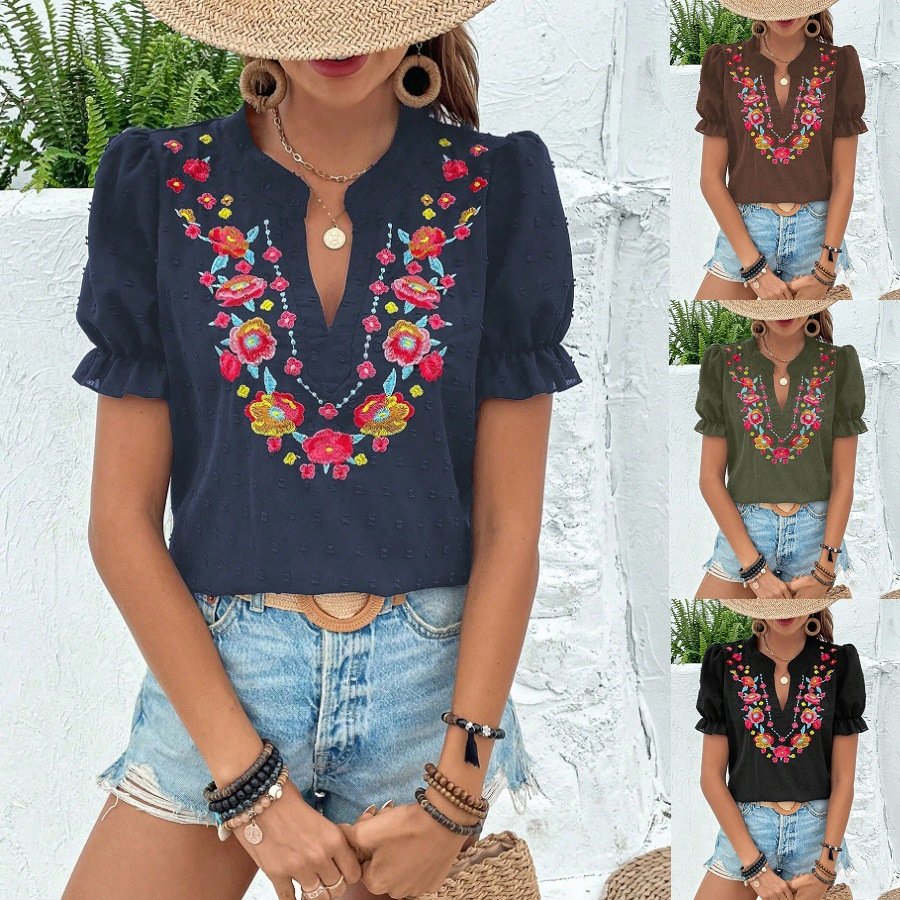Floral Embroidery Puff Short Sleeve Tops for Women
