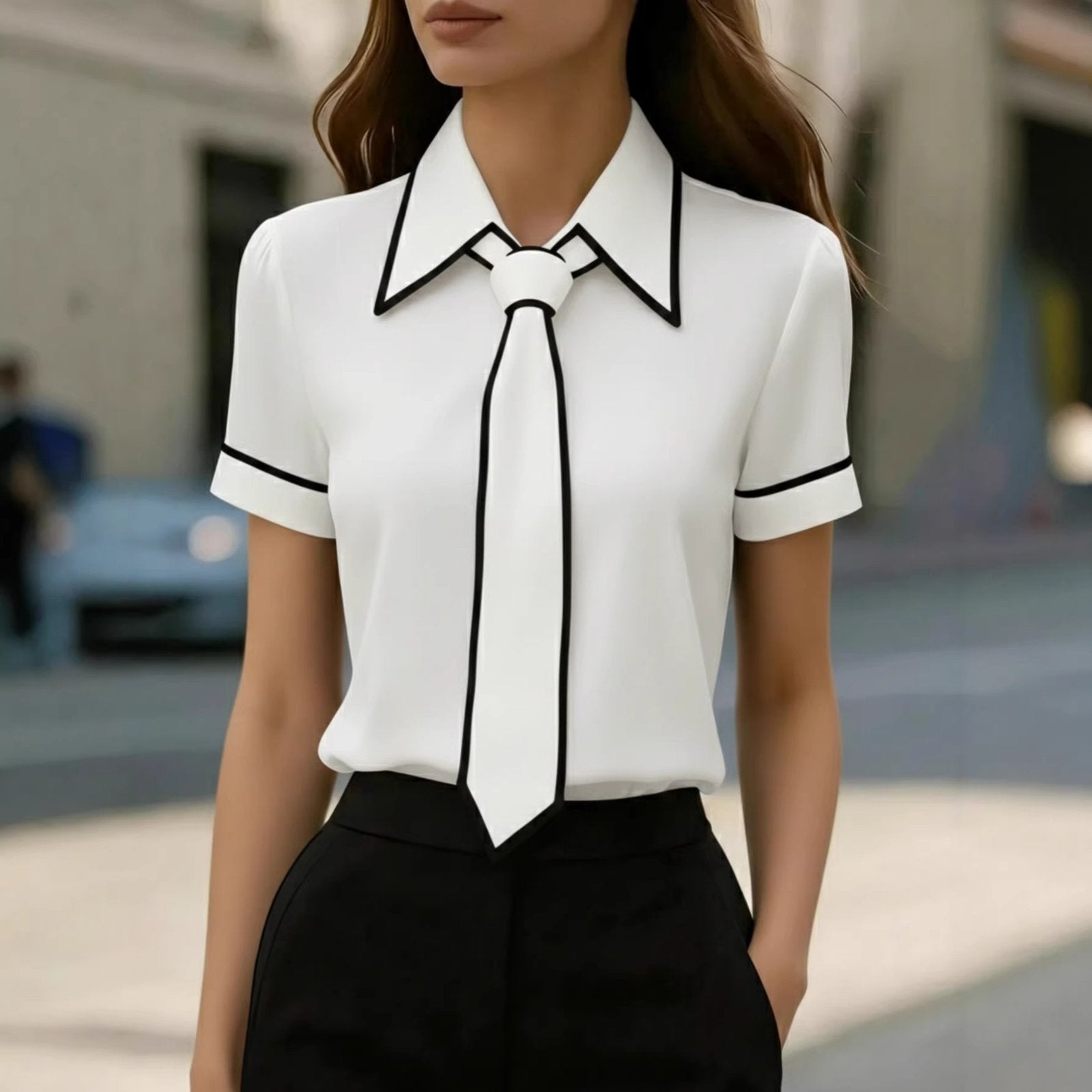 Women's Short-Sleeved Fashion Top with Color-Blocked Style