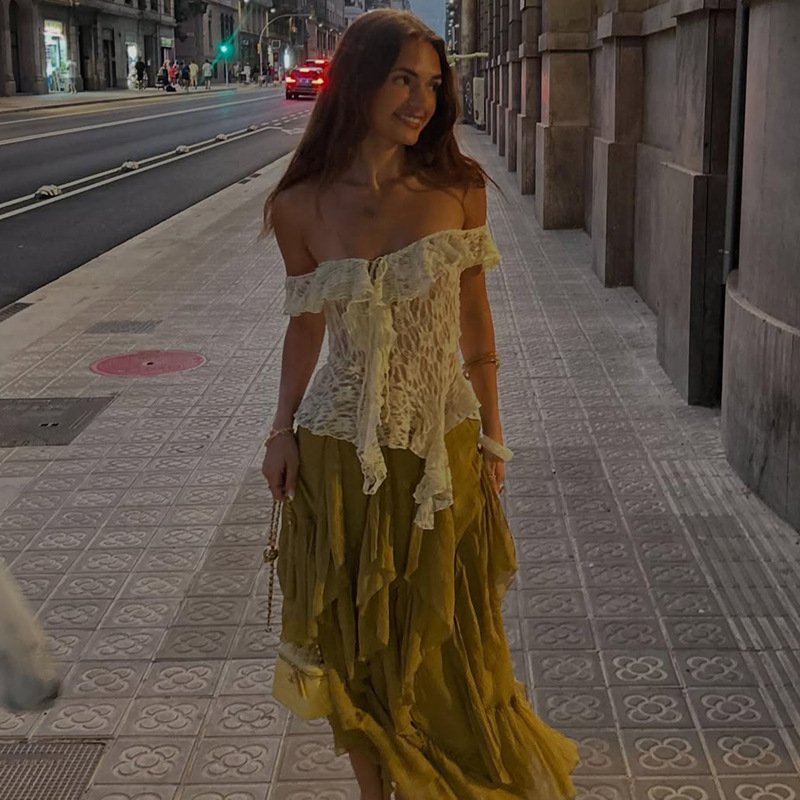 Lace Trimmed Asymmetrical Bow Collar Top for Women