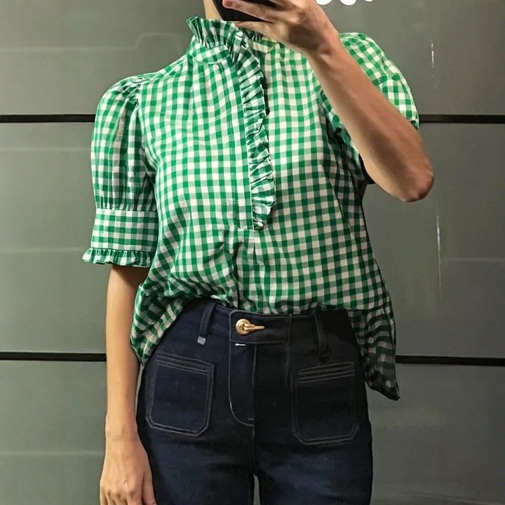 Vintage Plaid Puff Sleeve Tee for Women