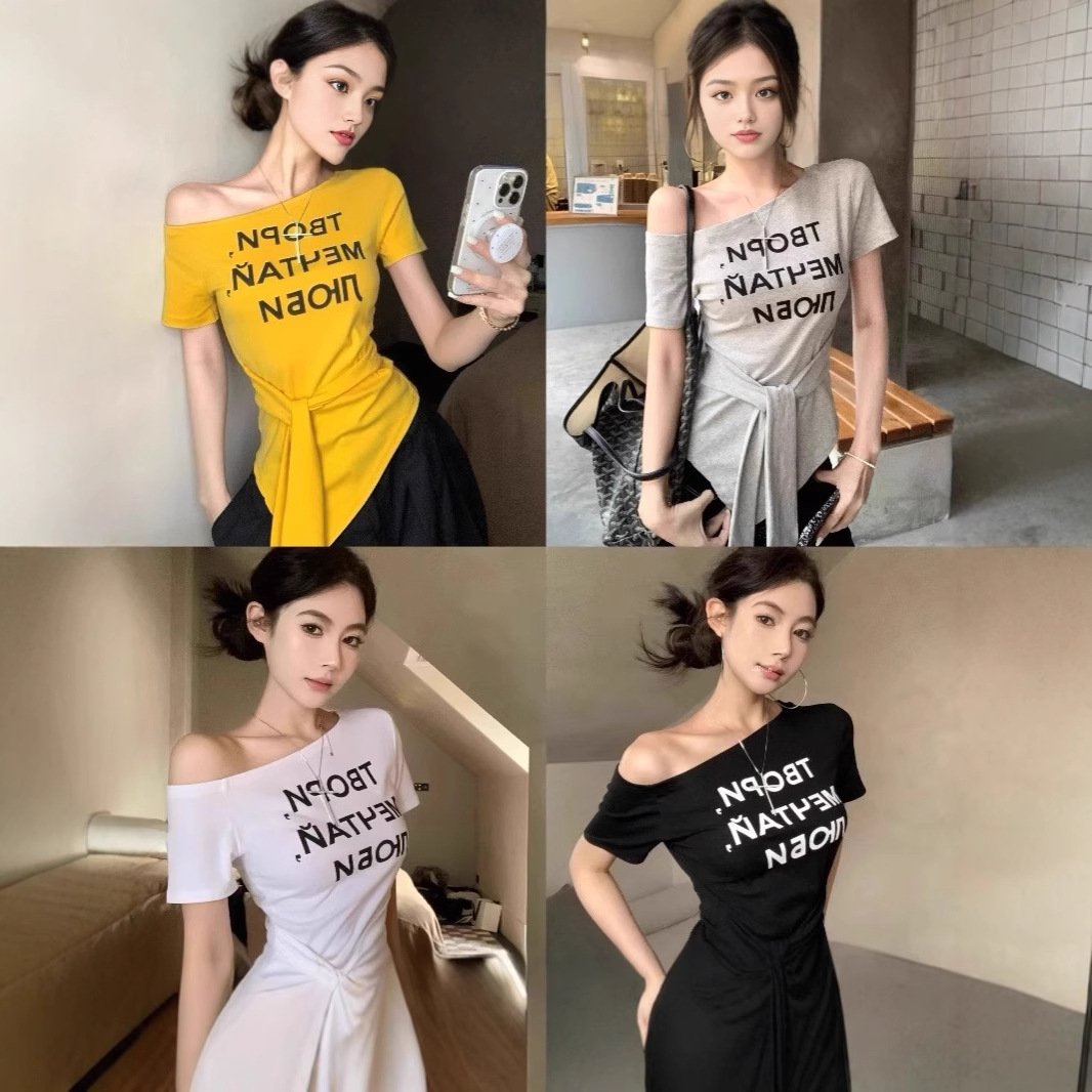 Flattering One-Shoulder Letter Print Tee for Women