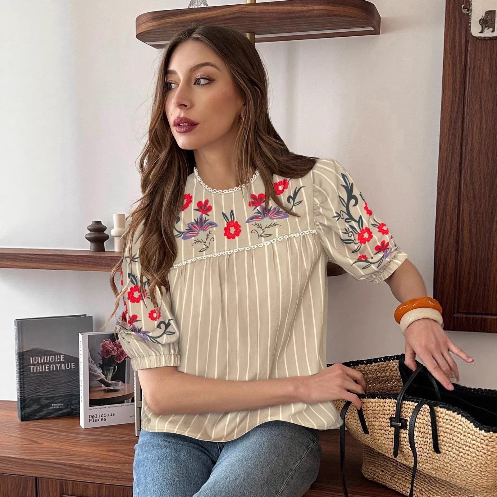 Vintage Floral Striped Loose Top for Women