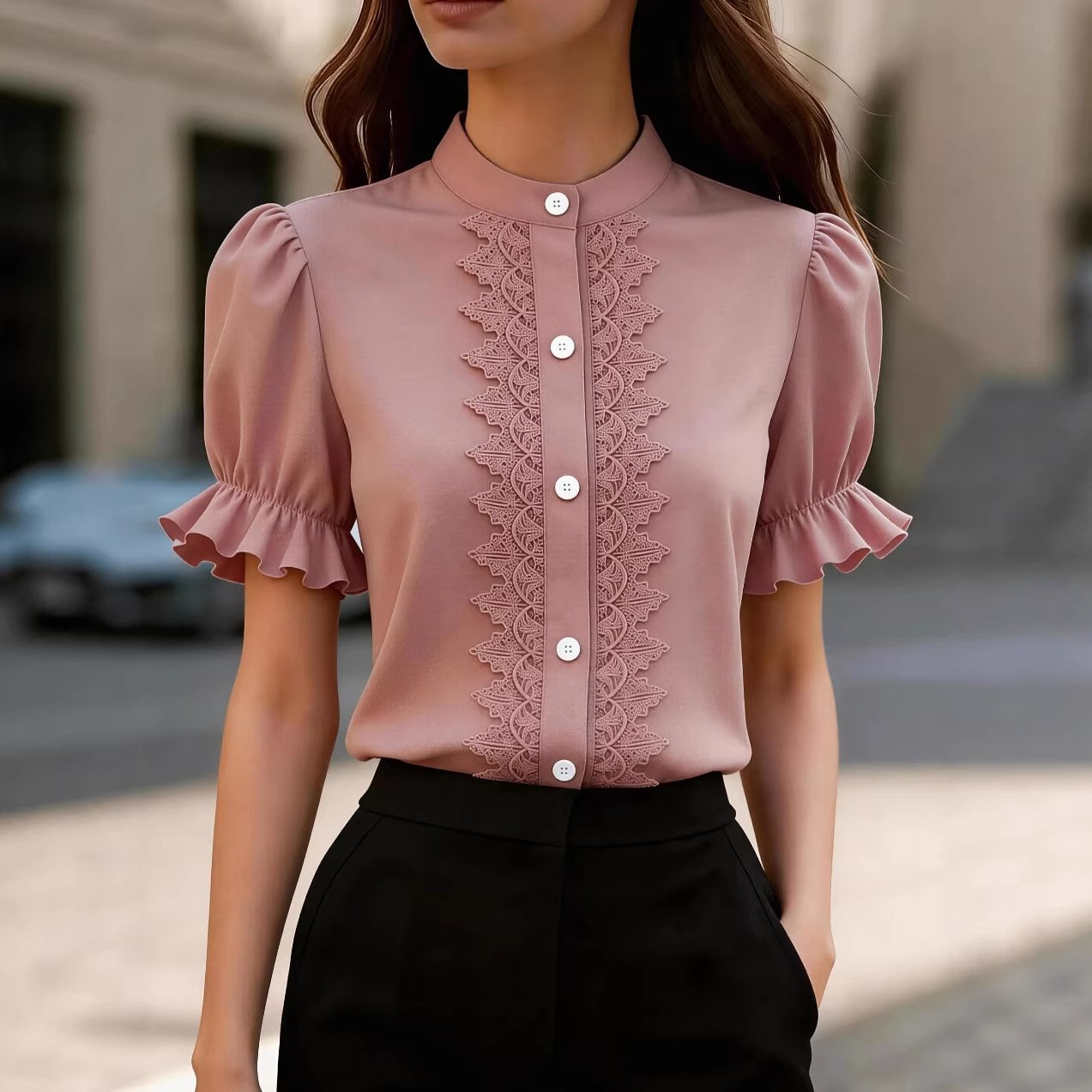 Lace Patchwork Puff Sleeve Blouse for Women