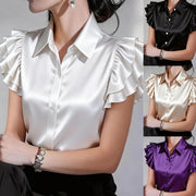 Elegant Satin Ruffle Trim Short Sleeve Shirt for Women