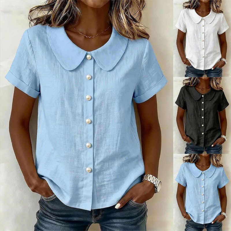 Loose Fit Short Sleeve Cotton-Linen Shirt for Women