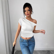 Elegant Oblique Shoulder Top – Slim Fit Short Sleeve Women's Shirt