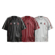 Biker-Style Mesh T-Shirt with Embroidered Badge