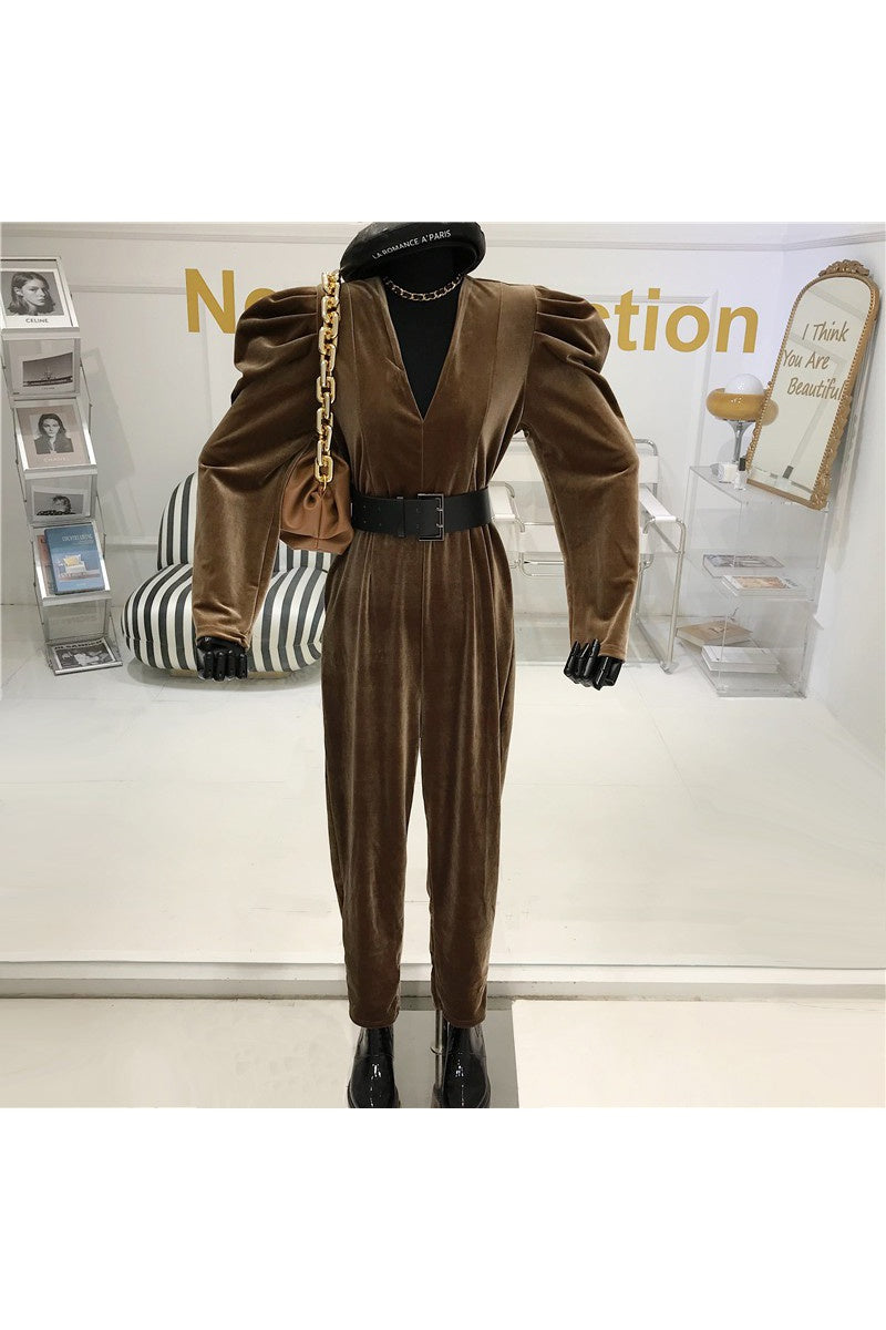 Puff sleeve velvet V-neck jumpsuit women