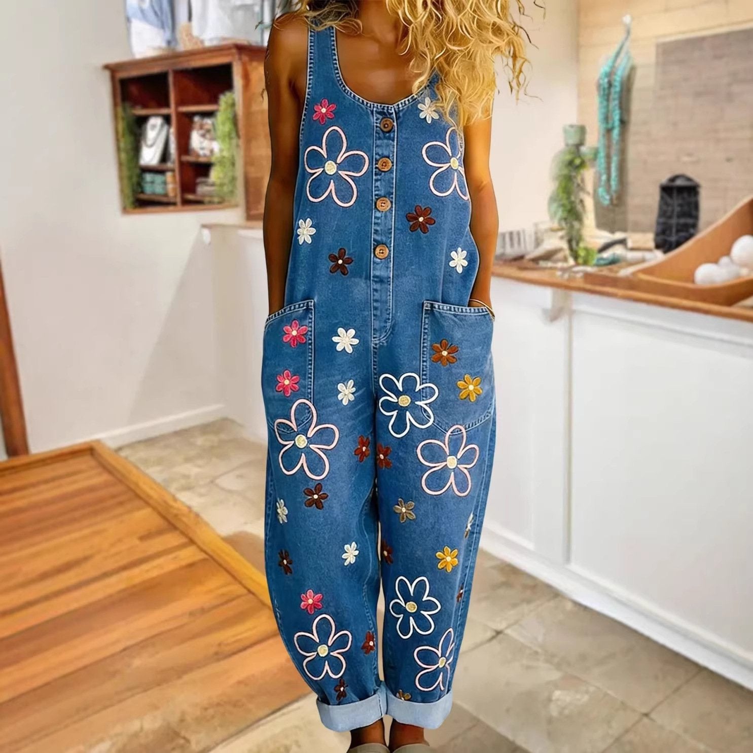 Retro Wide-leg Faux Denim Overalls for Women