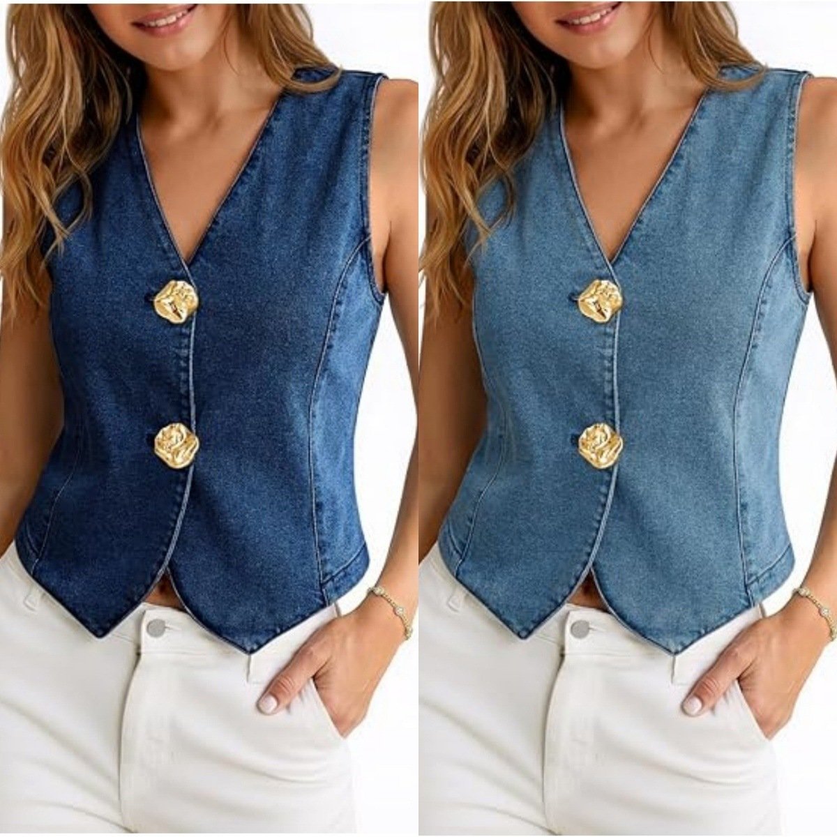 Light Blue Denim Vest Top for Women, Casual Summer V-Neck Waistcoat