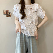 Floral Hollow-Out Crew-Neck Knit Sweater for Women