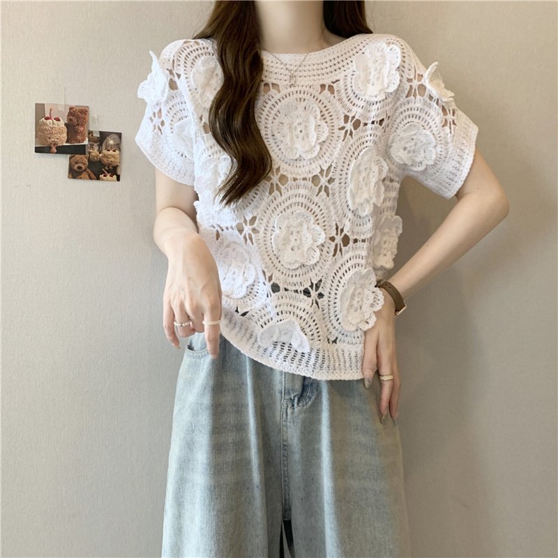 Floral Hollow-Out Crew-Neck Knit Sweater for Women