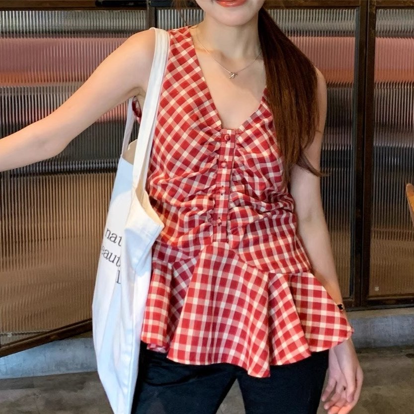 Red Plaid V-Neck Suspender Vest for Women