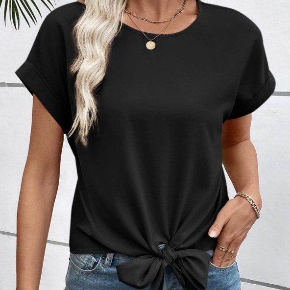 Elegant Solid Color Bow Tie Hem Crewneck Tee