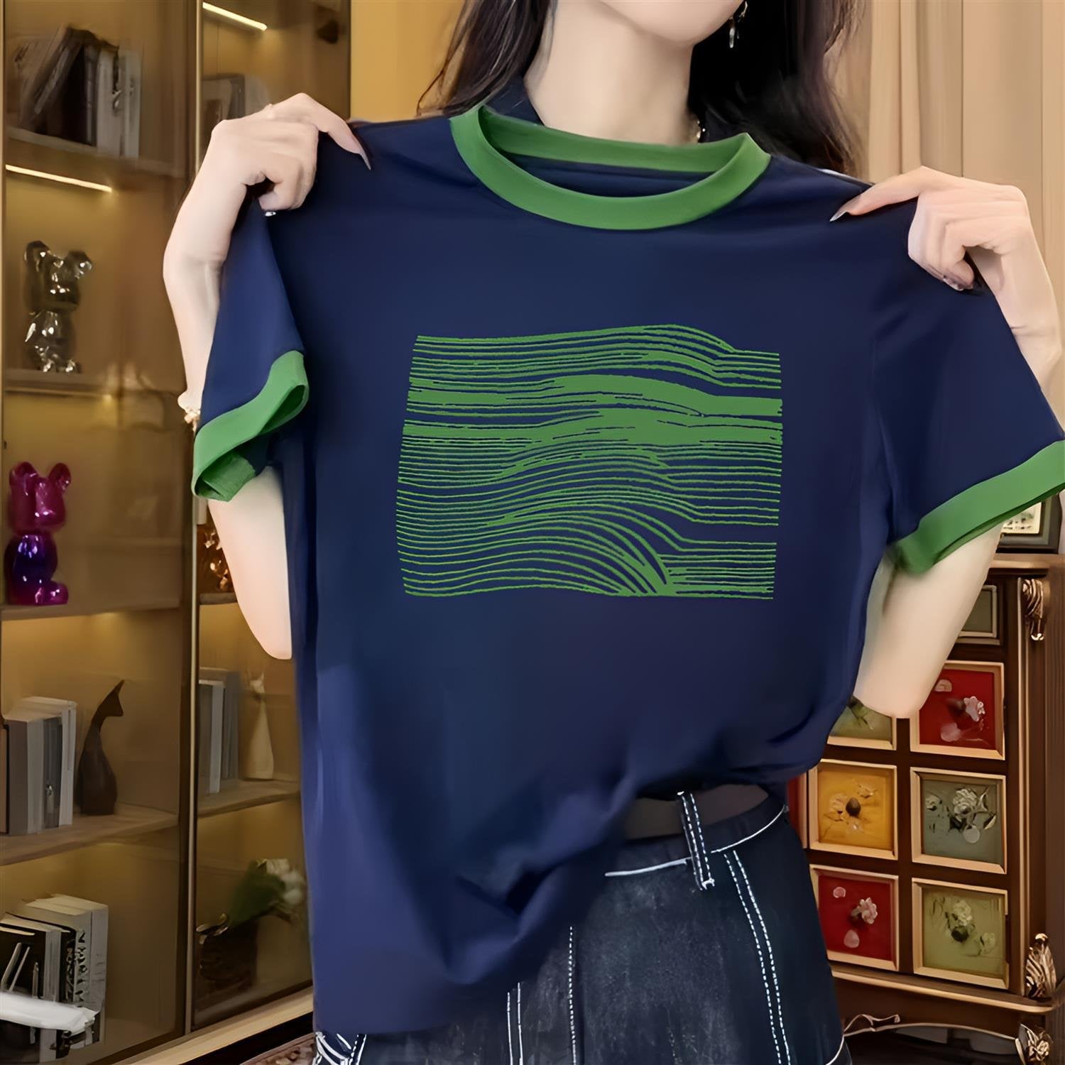 Contrast Color Cotton Short Sleeve Tee for Women
