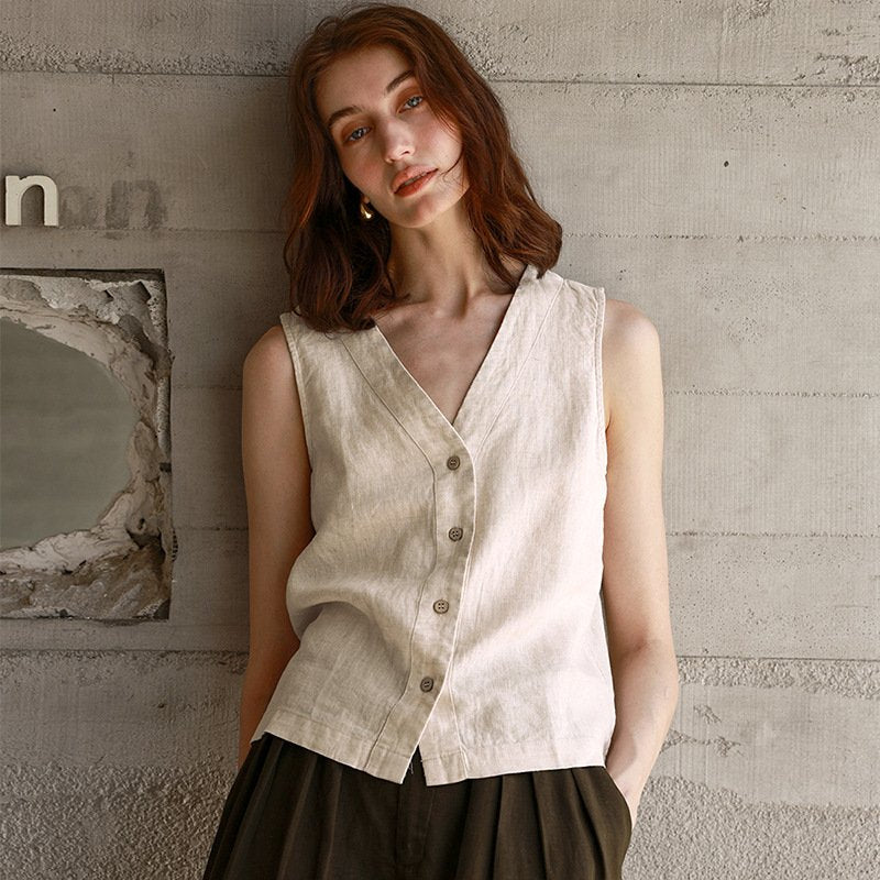 French Linen Waistcoat for Women - Relaxed Fit