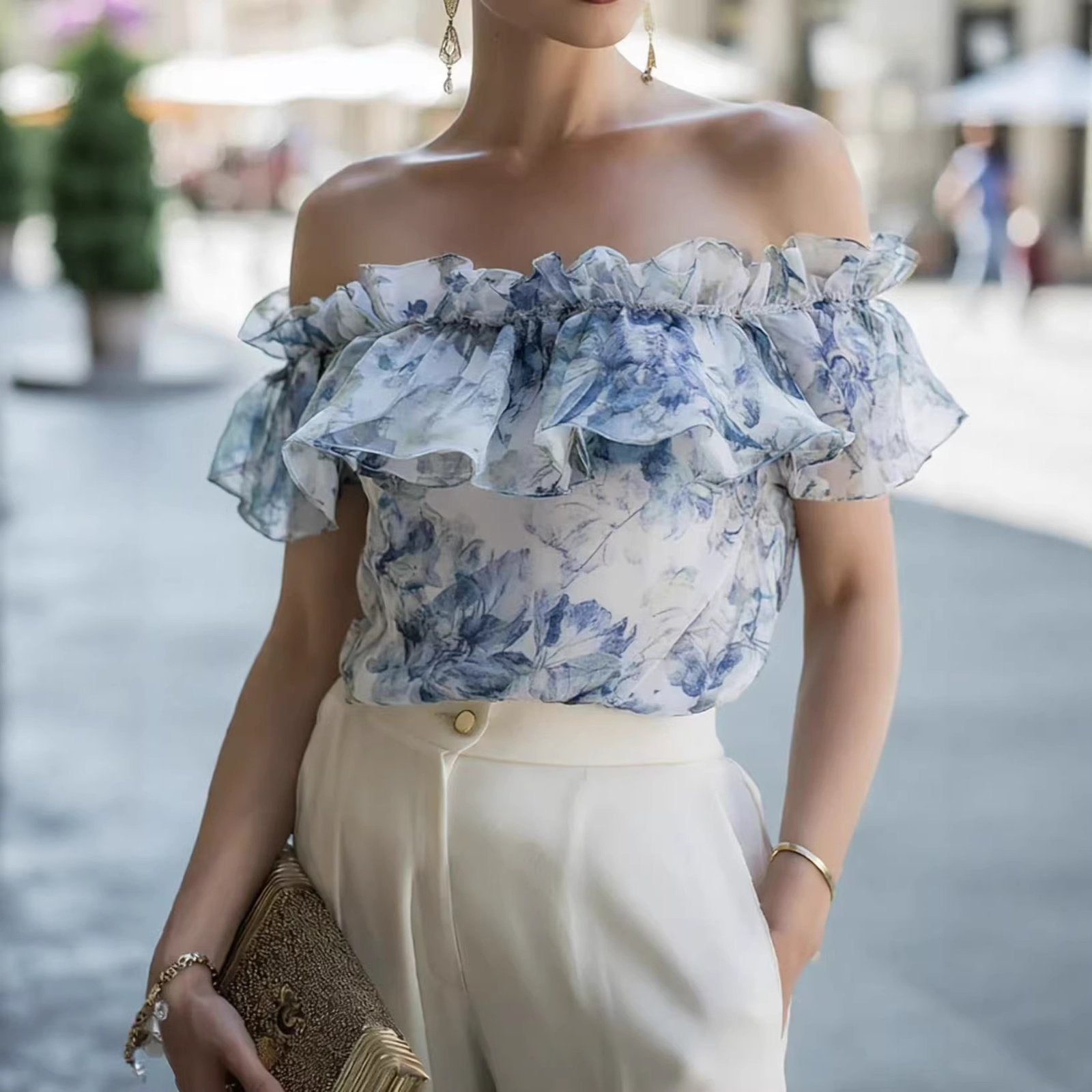 Off-Shoulder Chiffon Top for Women - Elegant Commuter Style