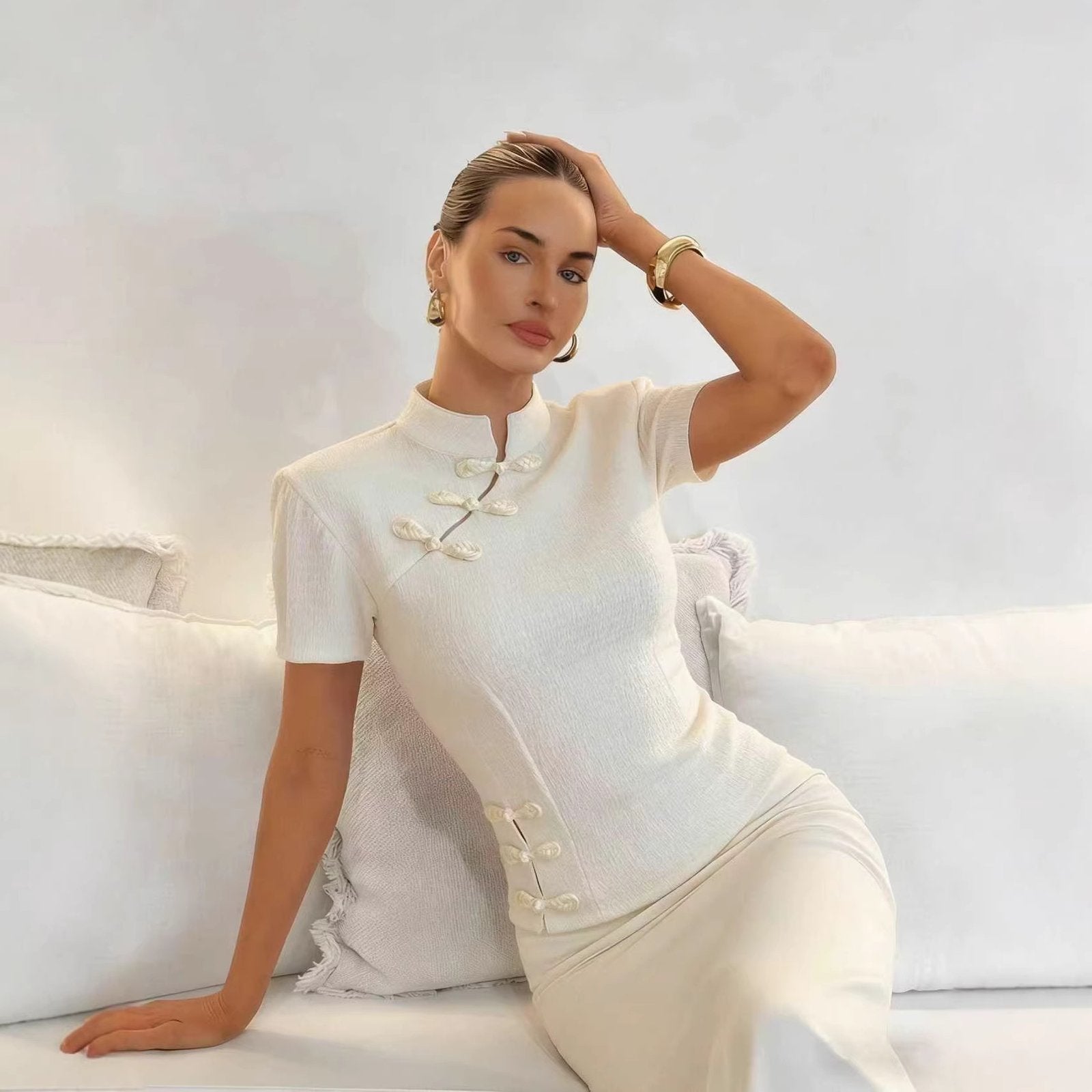 Vintage Beige Short-Sleeve Top with Frog Buttons