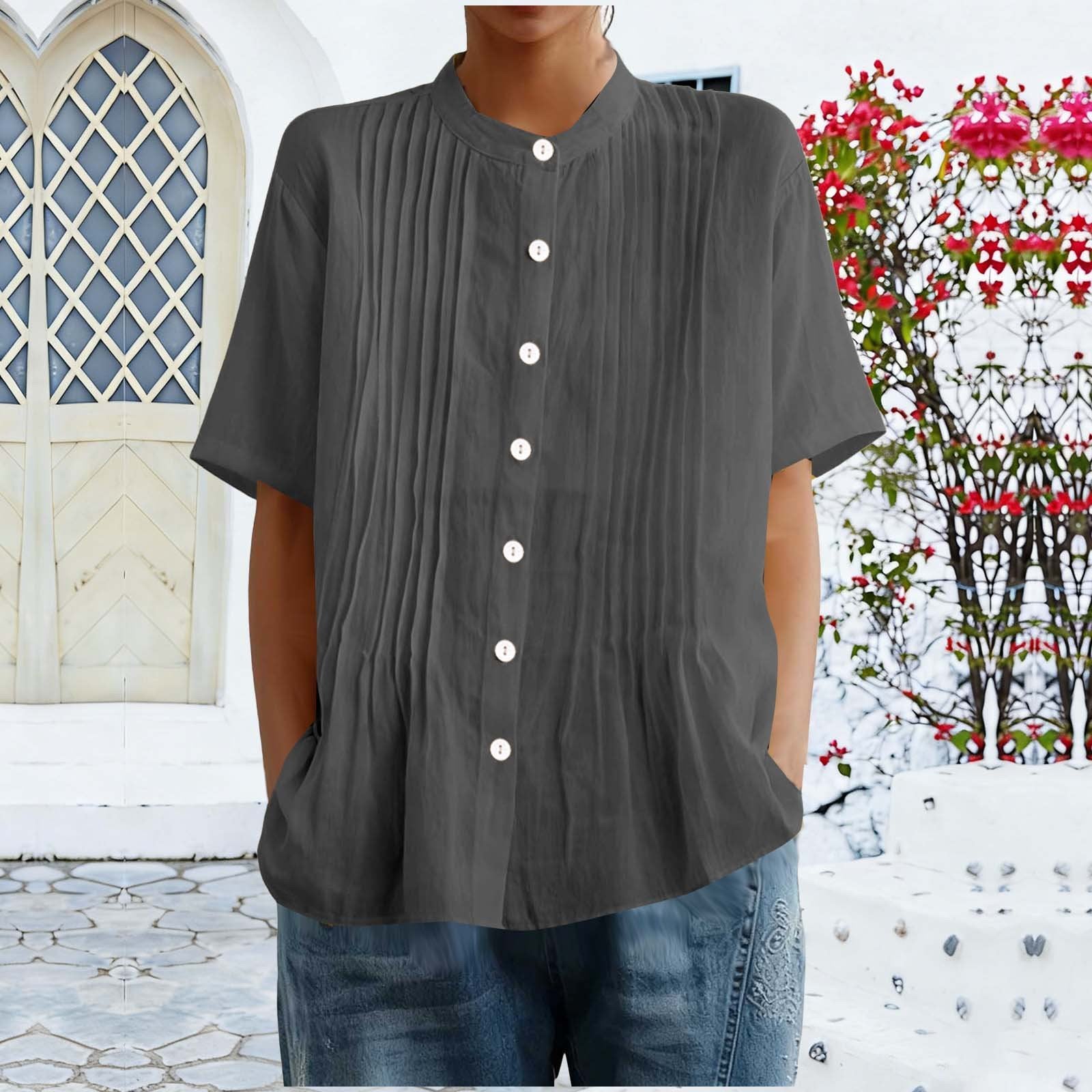 Vintage Short Sleeve Loose Fit Cotton Linen Blouse
