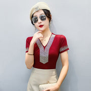 Double-Layer Mesh V-Neck Short-Sleeve Top for Women