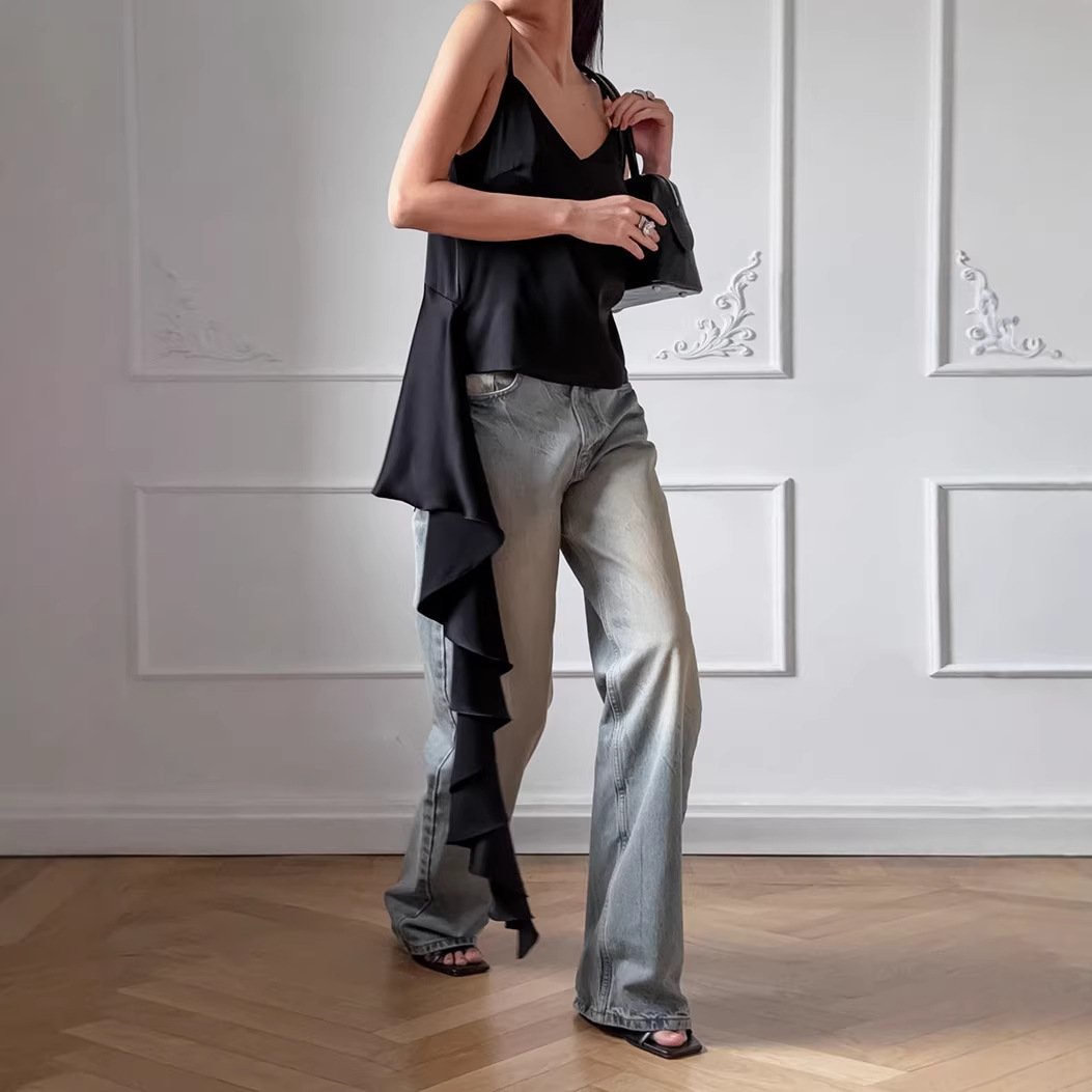 Black Ruffled Trim Asymmetrical Camisole