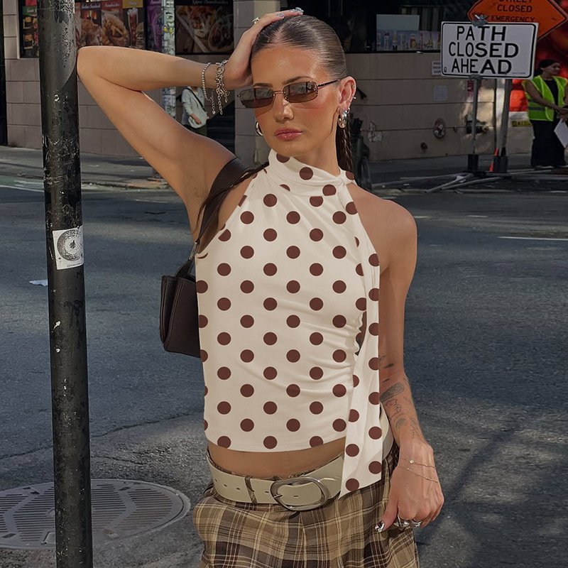 Polka Dot Lace-Up Halterneck Top for Women