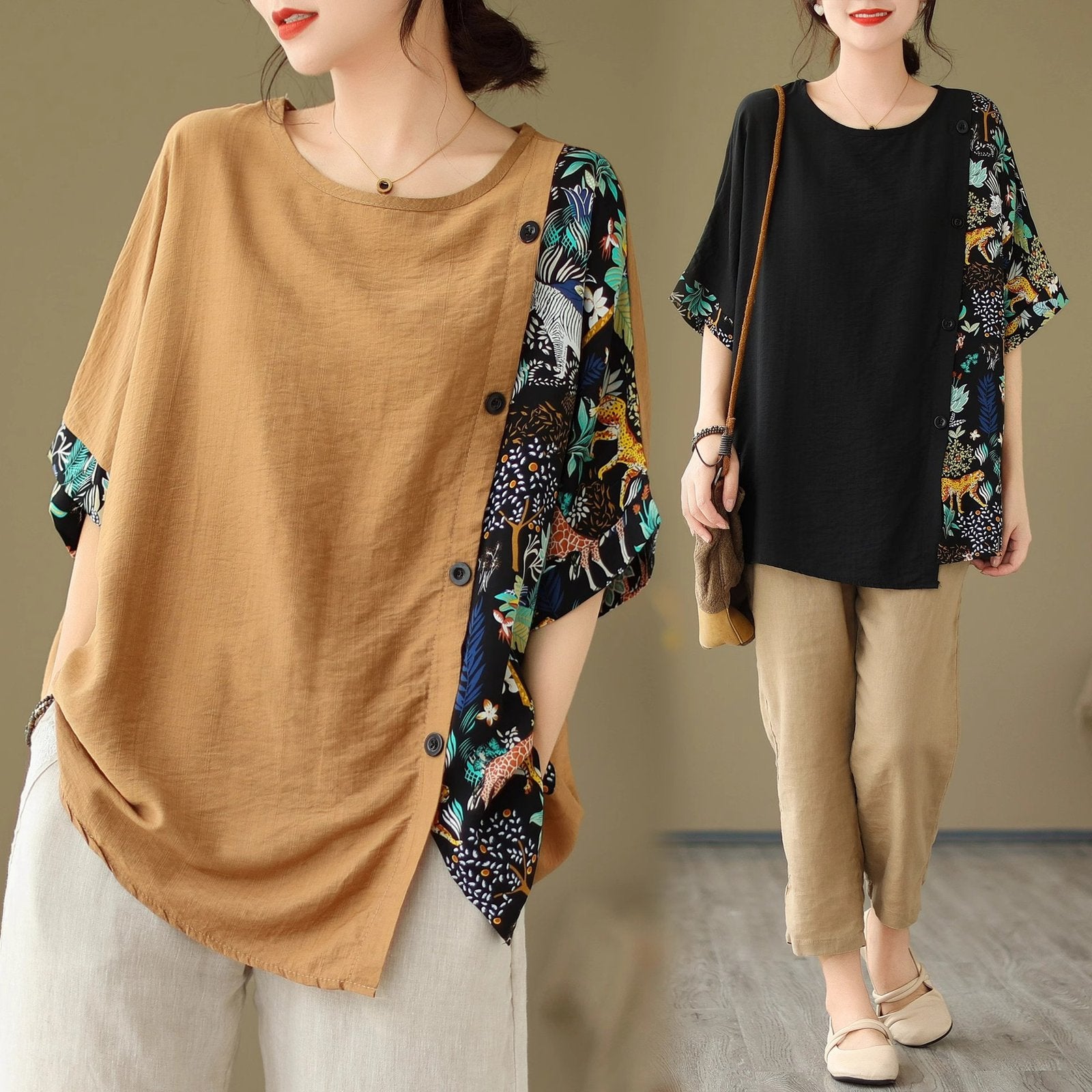 Loose Fit Plus-Size Patchwork Top