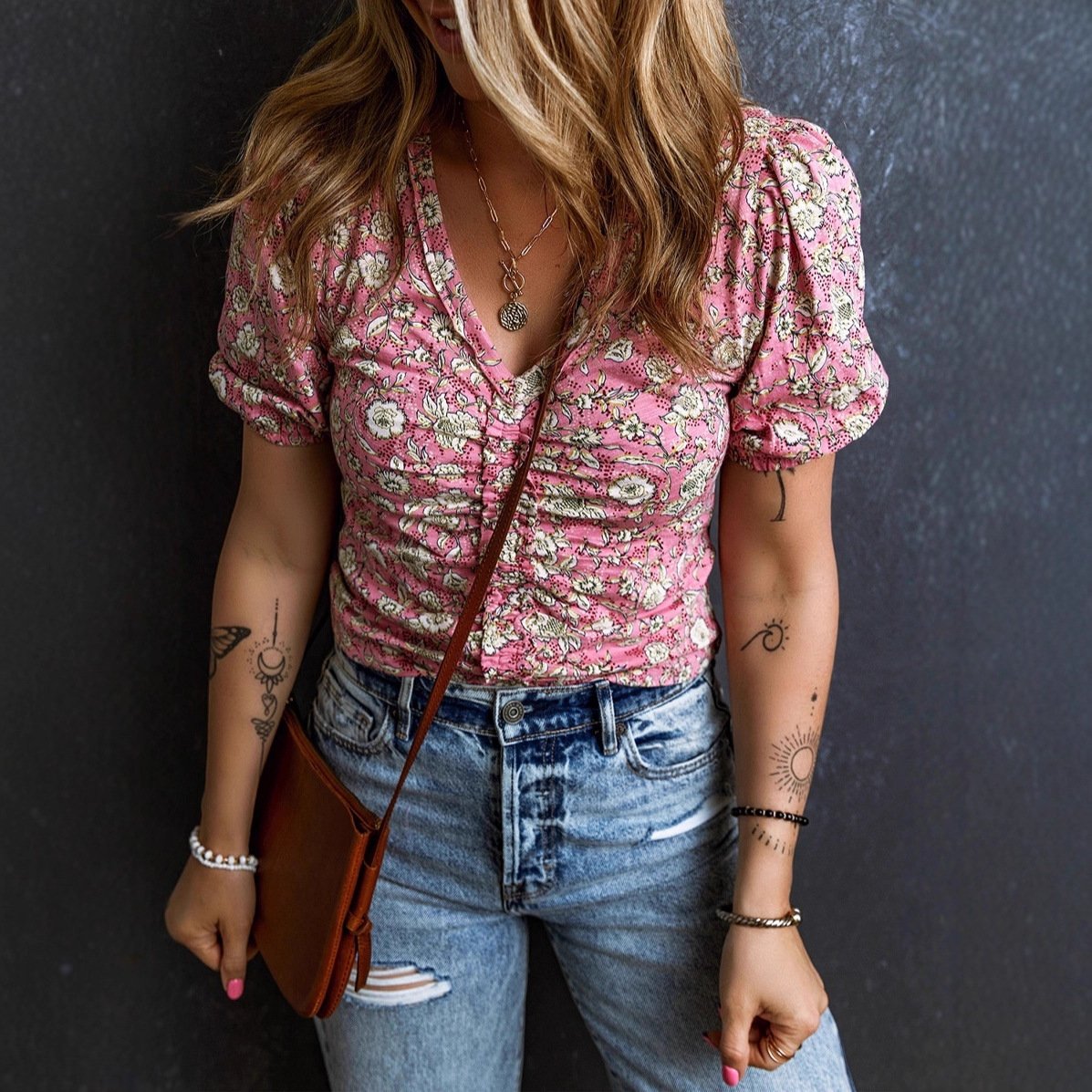 Vintage Pink V-Neck Short Sleeve Top for Women