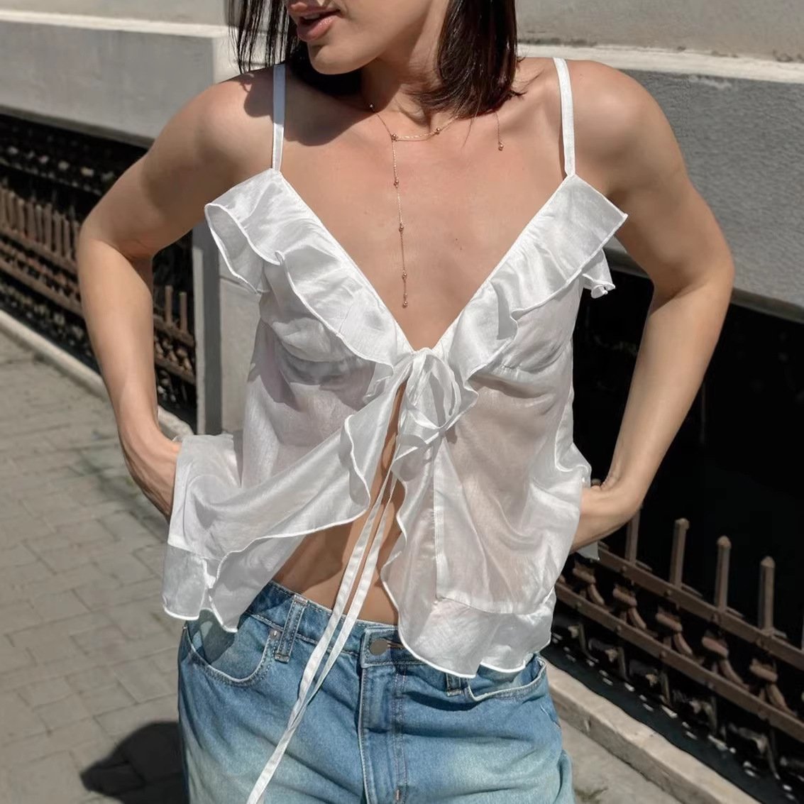 Sexy White V-Neck Camisole for Women - Ruffled Lace-Up Design