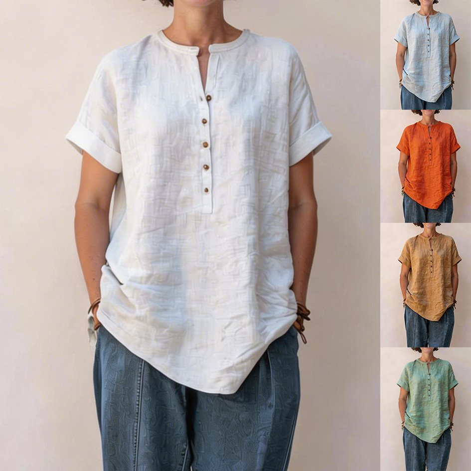 Classic Solid Color Short Sleeve Cotton-Linen Shirt for Women