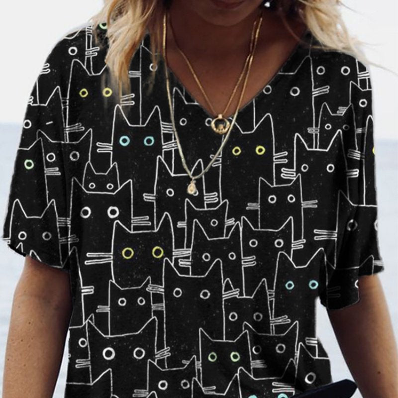 Sexy V-Neck Cartoon Animal Print Tee for Women