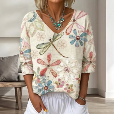 Comfortable 3D Print V-Neck Top for Women