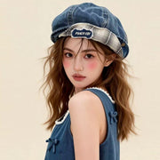 Denim Beret with Turned-up Brim