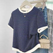 Navy Blue Striped Slimming Top for Women